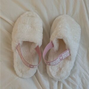 Fluffy White Bride Slippers with Pink Strap